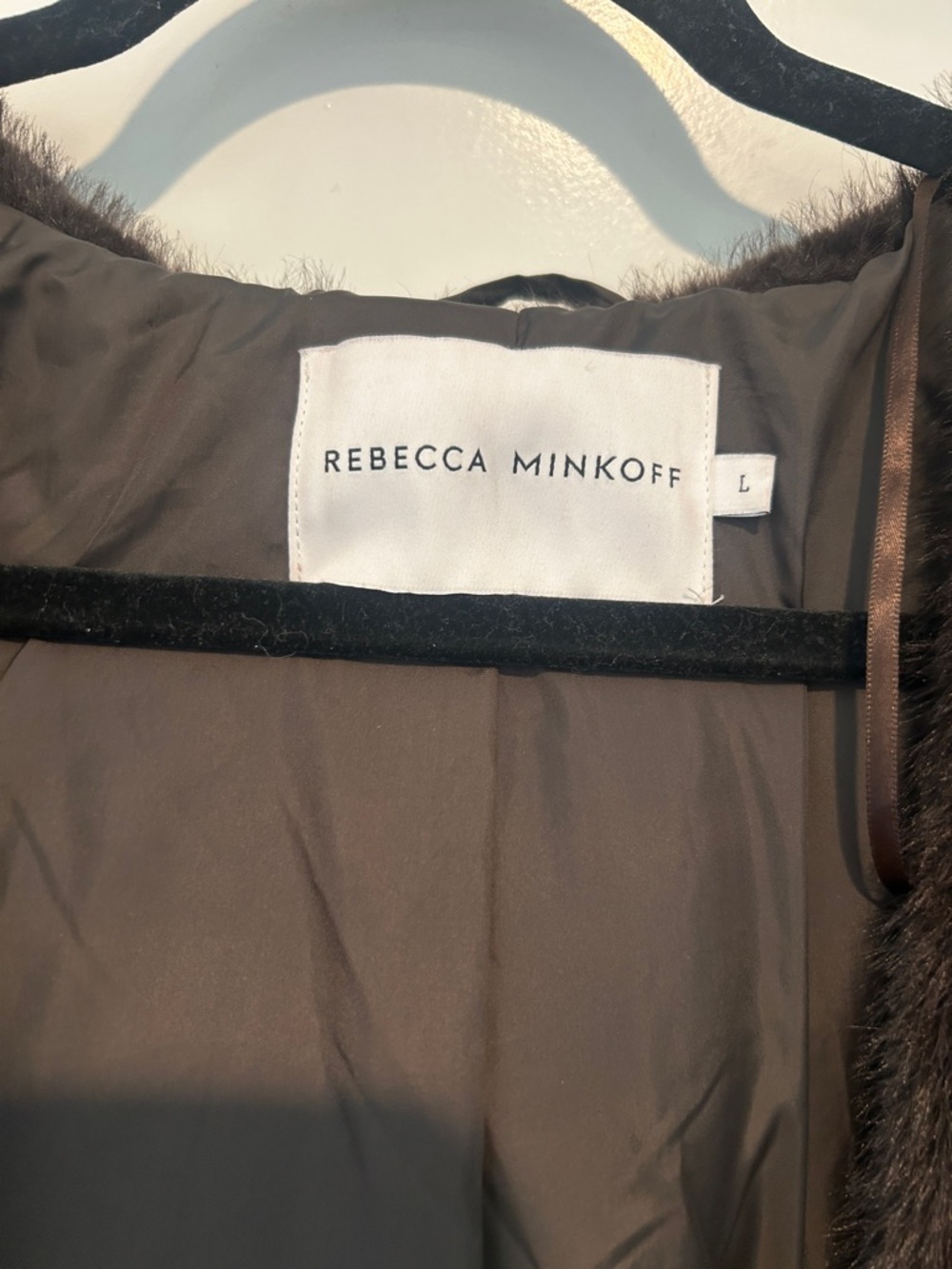 Rebecca Minkoff faux fur coat w/ hood in dark brown. Size large missing belt - Picture 4 of 6